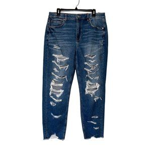 American Eagle Womens Blue Ripped Mom Jeans SIze 14 Stretch Distressed Denim